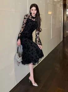 DAZY 女士蕾丝裹身中长连衣裙，春秋季优雅，荷叶边长袖连衣裙 - 黑色 - 查看 4