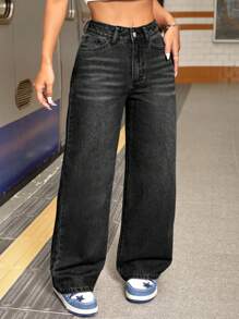 SHEIN PETITE Vaqueros rectos casuales y relajados lavados para mujeres - Negro - Ver 4