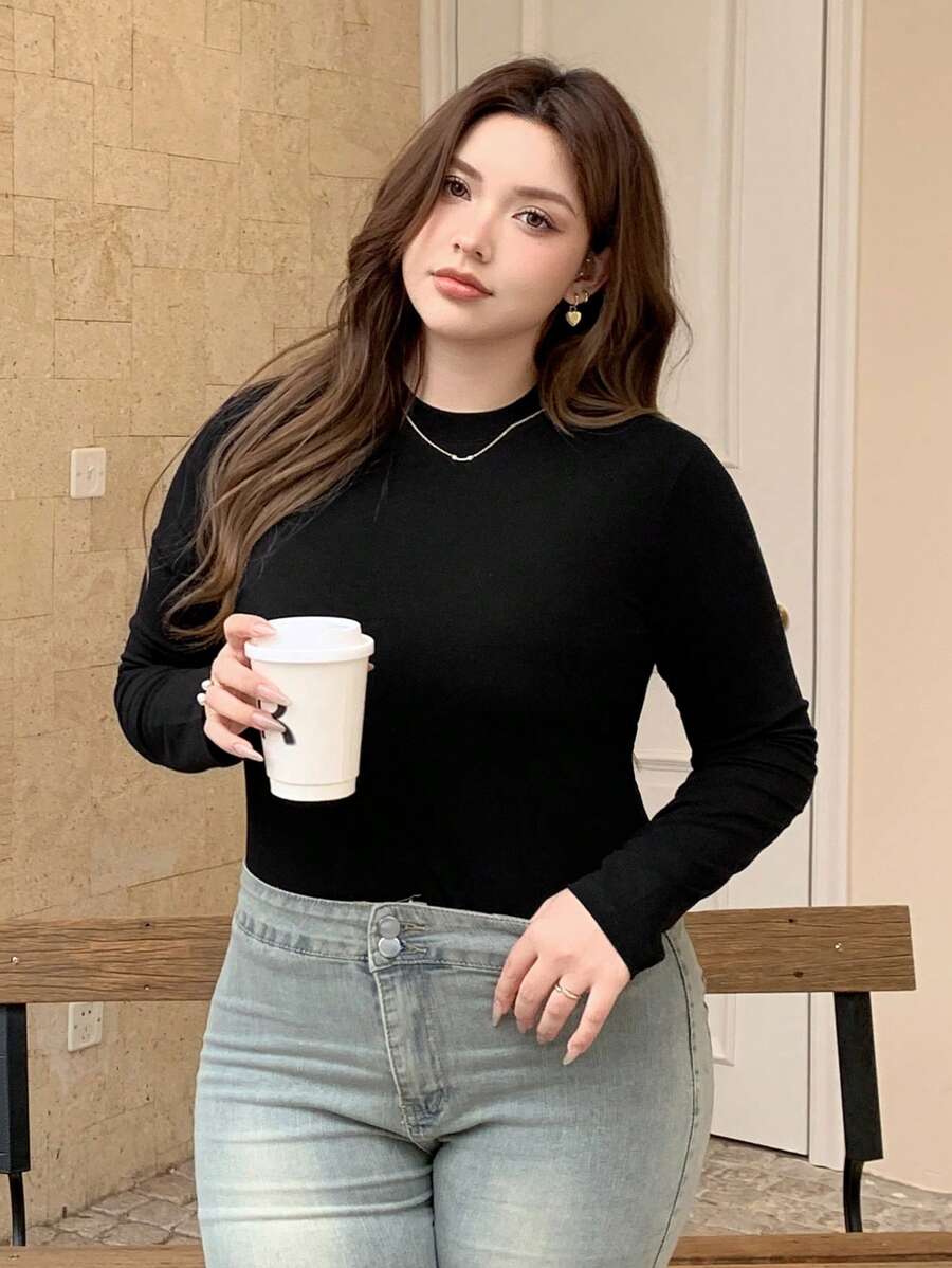 Dazy Petite Plus 1pc Crew Neck Solid Color Slim Fit Long Sleeve Black Base Layer T-Shirt, Spring/Summer/Autumn - Black - View 1