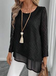 EMERY ROSE Spring Clothes Women's Loose Mesh Long Sleeve Round Neck Blouse, Autumn - Black - View 4