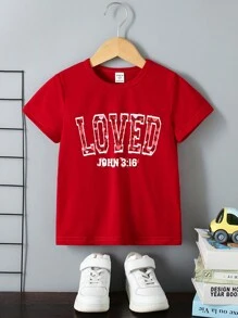 SHEIN Baby Boys Love Letter & Heart Print Short Sleeve T-Shirt, Valentine's Day Family Matching Outfits (Mommy And Me, 3 Pieces Sold Separately) - Burgundy - View 4