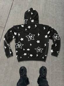 Manfinity EMRG Sudadera con capucha informal de hombre con estampado de estrella y cremallera, ropa de calle de otoño, sudadera con capucha gráfica de manga larga con cremallera en color negro, para regalos a amigos, esposo, novio