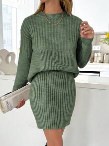 EURMUSE Casual Rib Knit Sweater & Mini Rib Knit Sweater Skirt Co-Ords - Mint Green - View 3