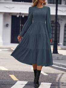 SHEIN Clasi Women Crew Neck Long Sleeve Pleated Simplistic Casual Dress Maxi Women Outfit