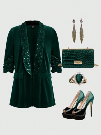 Ellevyn Women's Velvet Red Stand Collar Sequin Patchwork Elegant Party Pleated Suit Blazer, Autumn/Winter