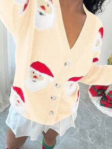 Chiquease Cardigan tricoté à col en V avec portrait du Père Noël pour femmes, pour Noël