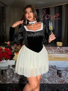 Allurite Robe mignonne et adorable en velours avec ourlet en maille contrastée, grande taille - Noir - Voir 6