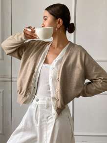 DAZY Cárdigan de mujer de manga larga con cuello en V, de unicolor y holgado, 2 en 1, ropa de mujer para otoño