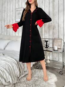 Women Color Block Trim Front Button Long Sleeve Simple Casual Nightgown - Black - View 4