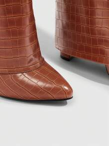 CUCCOO SZL 女士时尚棕色石纹粗跟尖头过膝靴，时尚派对、节日和圣诞节新年情人节 - 棕色 - 查看 7