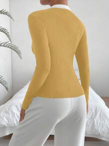 SHEIN Unity Casual Commuter Colorblock Trim Slim Fit Sweater, Autumn Knit Pullover Fall Winter - Yellow - View 2