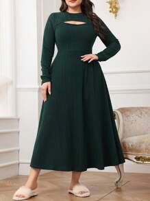 Mulvari Vestido casual de manga larga de cuello redondo de unicolor con abertura frontal ligeramente sexy para mujer talla grande, otoño