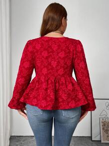 SHEIN Frenchy Simple Chic Loose Wine Red Jacquard Texture Button Front Plus Size Shirt, Party, New Year, Romantic Valentine's Day