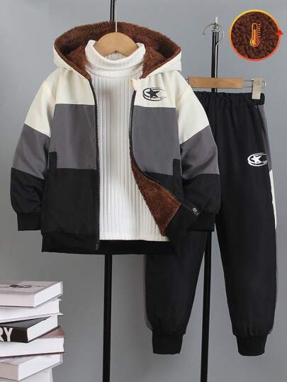 年轻男孩新款撞色连帽羊毛夹克和裤子秋冬季服装套装，厚毛绒衬里，简约时尚拉链长袖外套
