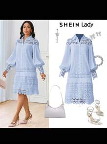 SHEIN Lady Vestido camisero elegante y casual de verano, de largo midi, con contraste de encaje blanco para mujer
