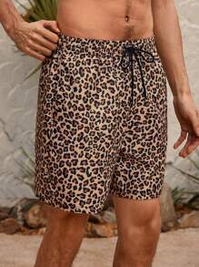 Manfinity VDAYZ Shorts de playa con estampado de leopardo y cordón a la cintura, con estilo hawaiano, para hombre