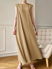 Heiryn Vestido casual suelto de unicolor y estilo árabe sin mangas, moda minimalista para uso diario de la mujer