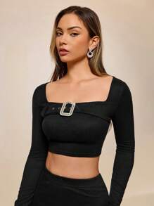 Glamine 1 Set Women Corset Lacing Hem Long Sleeve Crop Top And High Split Bodycon Midi Skirt Suit, Corset Tops - Black - View 4