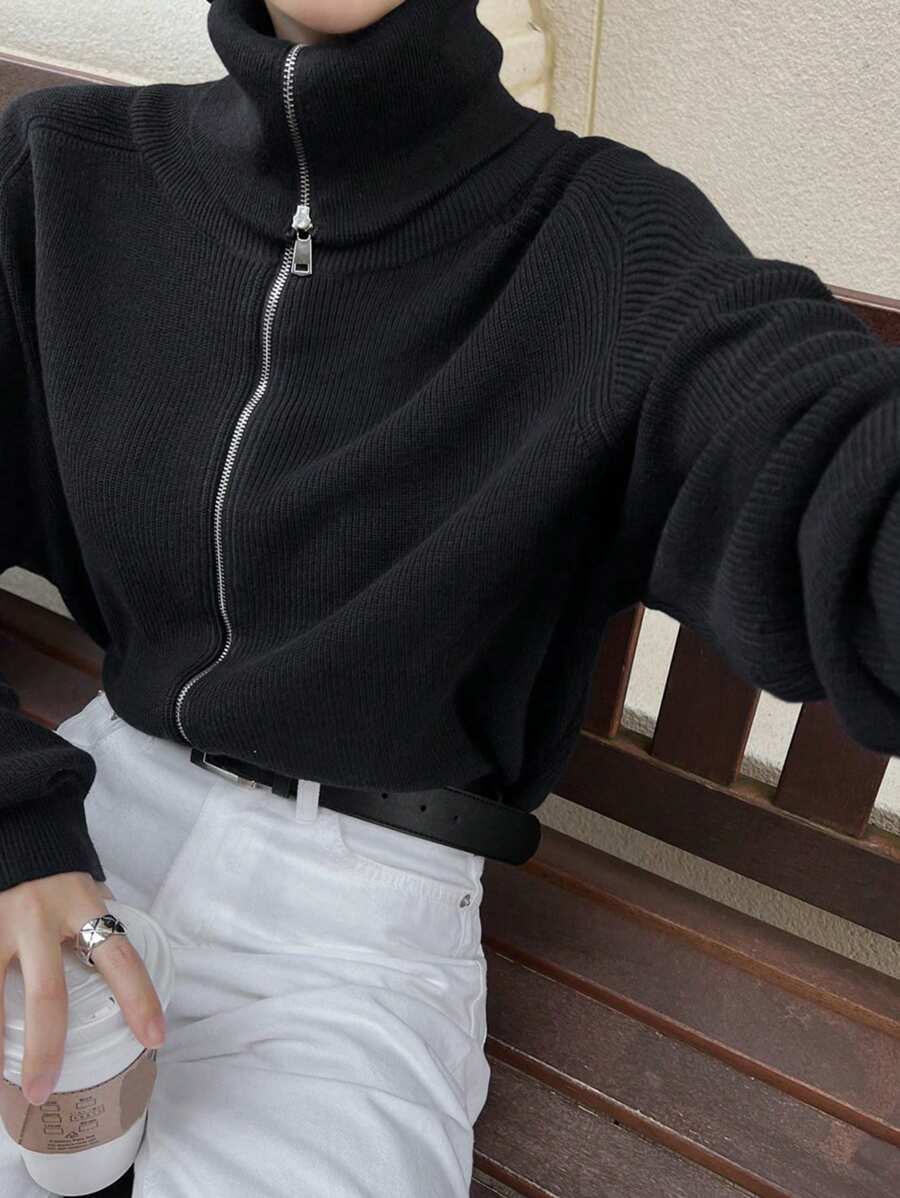 DAZY Women Loose High Collar Zip Up Cardigan Sweater,Fall Clothes Jacket