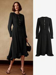 MOTF PREMIUM ROBE MIDI À VOLANTS ASYMÉTRIQUE À MANCHES LONGUES ET UNIE - Noir - Voir 9