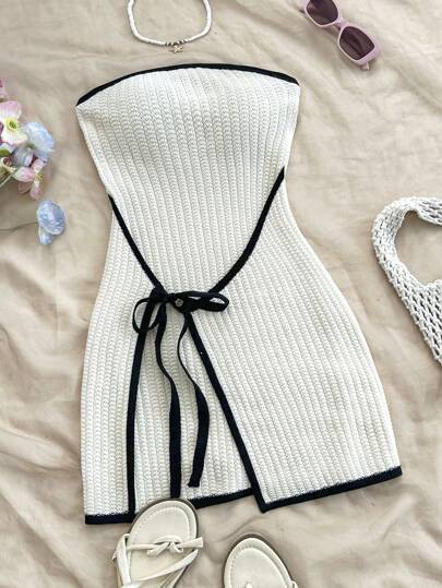 Soleia Casual Comfortable Color Block Lace-Up Fitted Sweater Dress