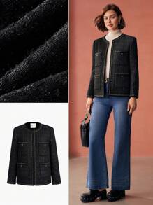 MOTF PREMIUM SEQUIN TWEED CHAIN TRIM PATCH POCKET JACKET
