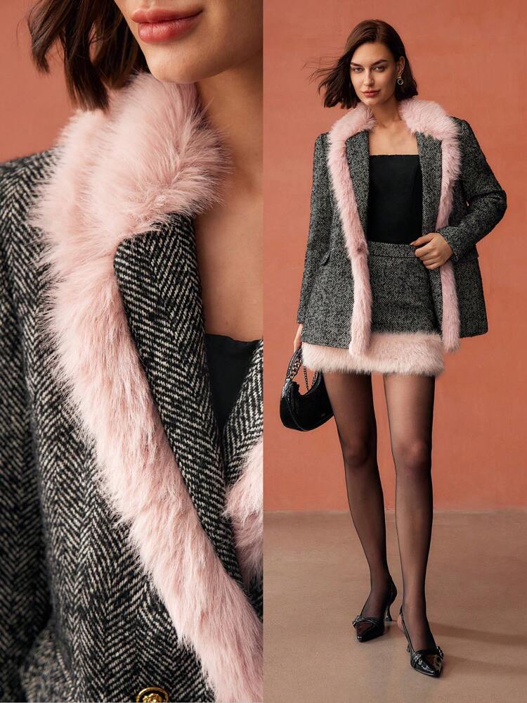 WOOL HERRINGBONE PATTERN CONTRAST FUZZY TRIM BLAZER