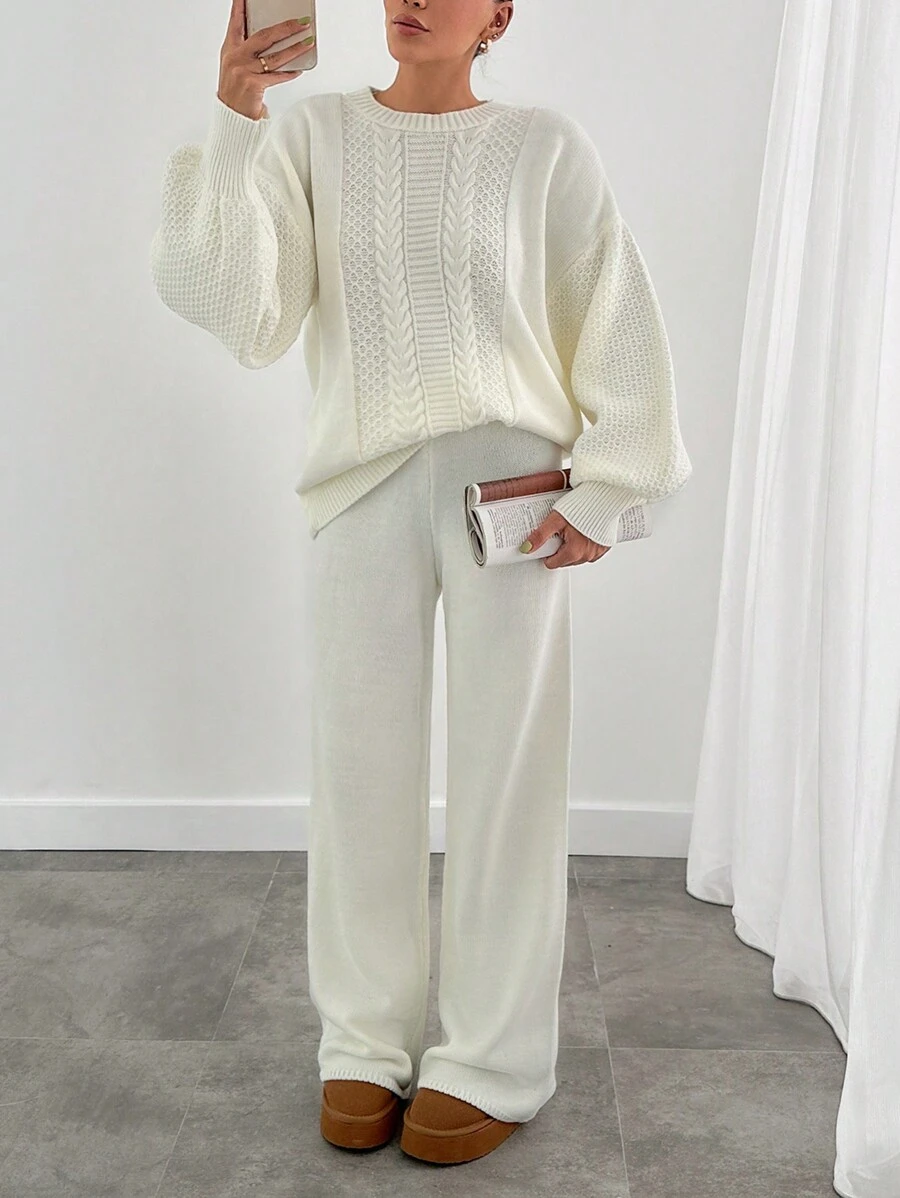 EURMUSE Gentle Style Knit Top And Wide Leg Pant 2 Piece Set - White - View 1