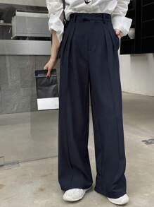 DAZY 女士纯色直筒褶裥长裤，夏季休闲办公裤，女士正装裤商务休闲装 - 藏蓝色 - 查看 5