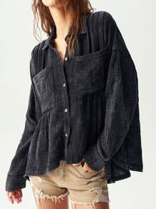 Bohemela Women's Casual Solid Color Woven Turn-Down Collar Open Front Short Sleeve Loose Long Shirt - Black - View 6