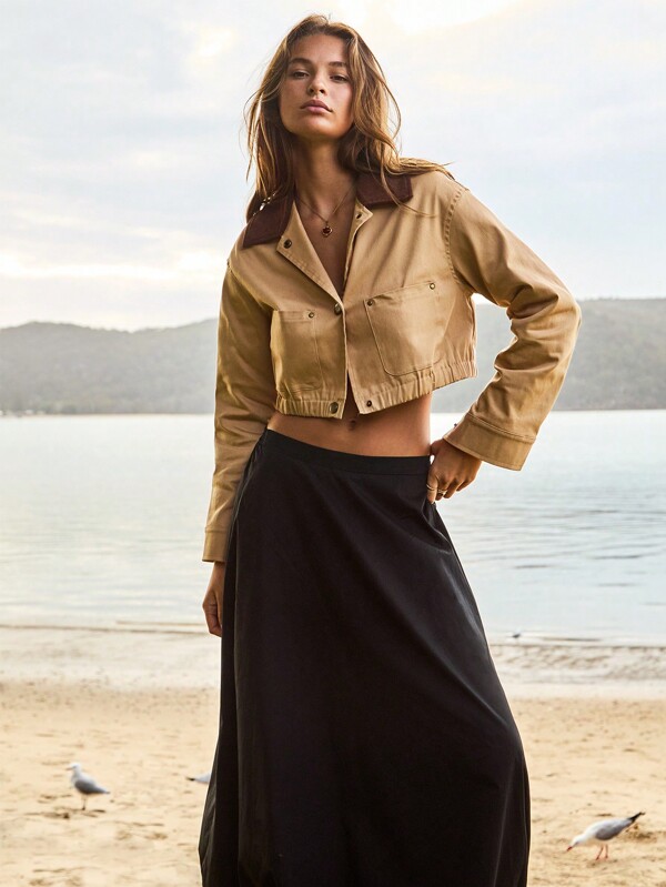 Aralina Cropped Button-Up Contrast Collar Utility Shacket