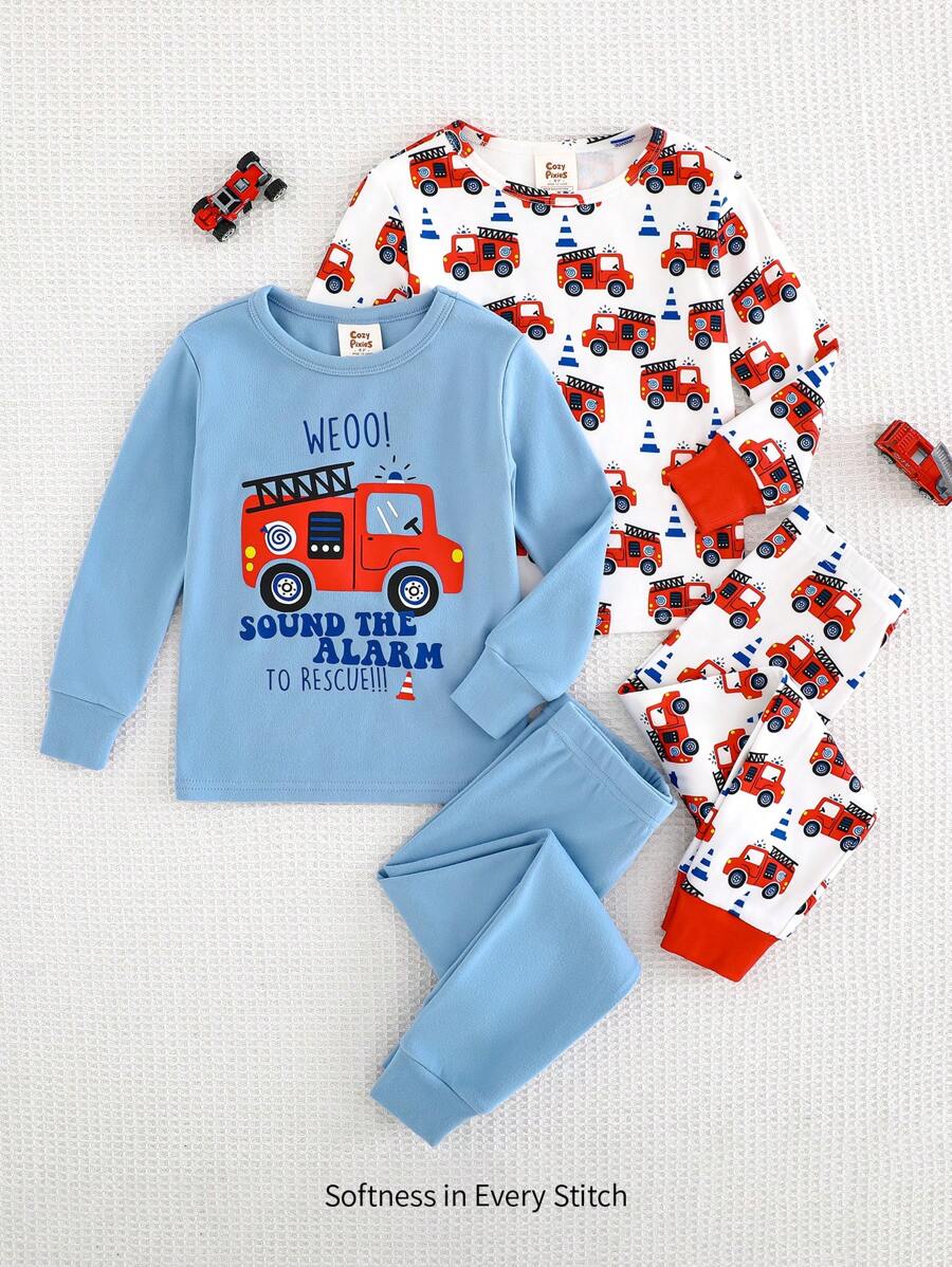 Cozy Pixies Young Boy Snug Fit Pajamas Set - Car Graphic Soft Knit Crew Neck Long Sleeve Top And Elastic Waist Long Pants, Cozy Lounge/Casual/Sleepwear 2 Pieces Outfit