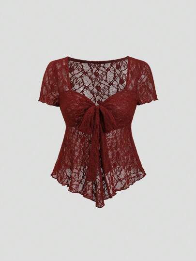 Sweetra Women's V-Neck Short Sleeve Fitted T-Shirt With Bow-Knot Strap, Texture Mesh Design, Versatile For Spring/Summer Y2K   For New Year Clothes