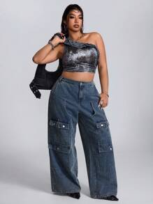 SHEIN ICON Plus Size Casual Water-Washed Multi-Pocket Wide-Leg Cargo Jeans - Blue - View 5
