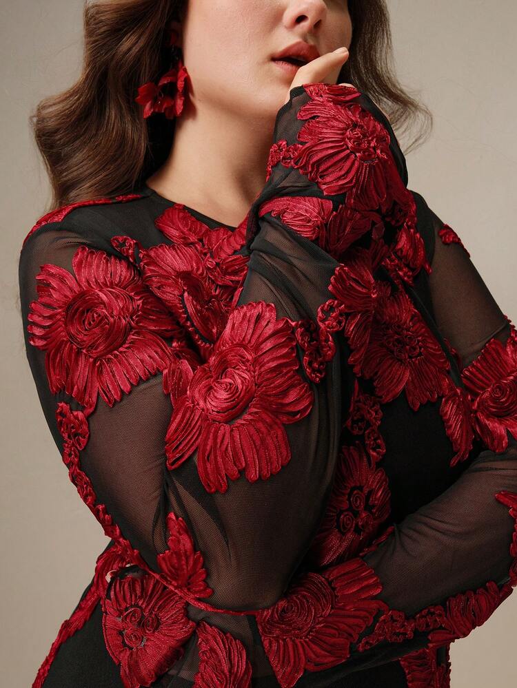 Anewsta Red & Black Festive, Dignified, Elegant, Romantic, Exquisite Floral Embroidered Backless Mermaid Maxi Dress For Paris Gala