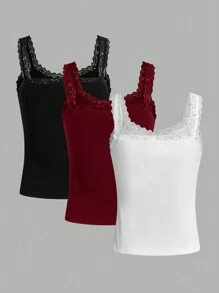 SHEIN Essnce 3pcs/Set Summer Black White Red Lace Edge Fitted Casual Vacation Versatile Knit Camisole - Rose Red - View 2