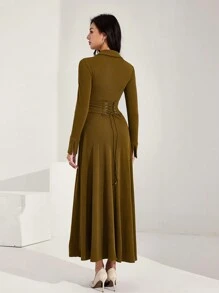 Heiryn Dames effen kleur voorkant knopen lange mouwen casual lange jurk