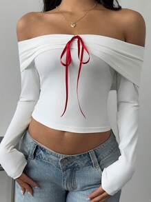 SHEIN EZwear Women's Autumn Bowknot Decor Off-Shoulder Long Sleeve Ruched Crop Fitted T-Shirt