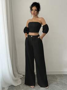 Elenzga Conjunto de 2 piezas con top de manga abullonada y hombros descubiertos y pantalones de pierna ancha de unicolor para mujer - Negro - Ver 3