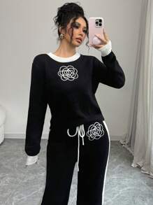 Elenzga Damski sweter w jednolitym kolorze z patchworkowym wzorem i okrągłym dekoltem i długim rękawem