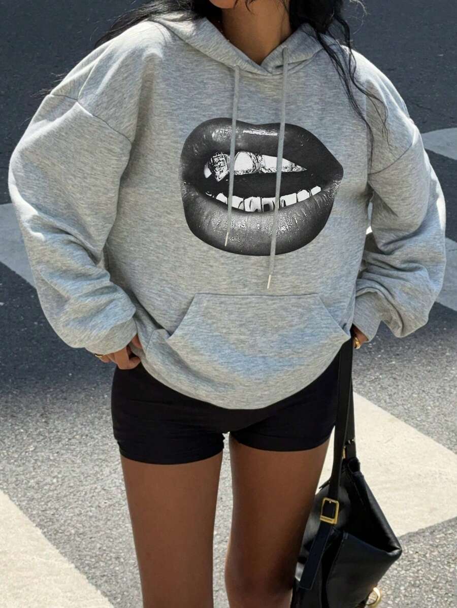 Slaydiva Felpa con cappuccio casual e minimalista con stampa di labbra, vestibilità morbida, per donne