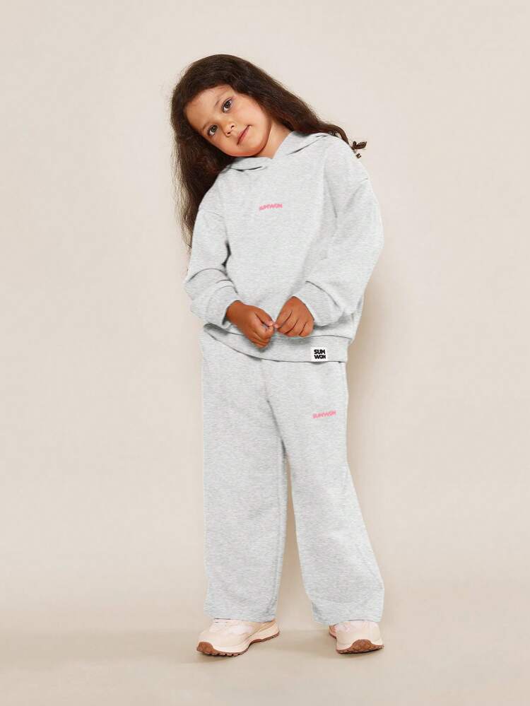 SUMWON Young Girls Everyday Play Overhead Hoodie And Wide Leg Jogger 2 Piece Set With Graphic Front Print Vacation