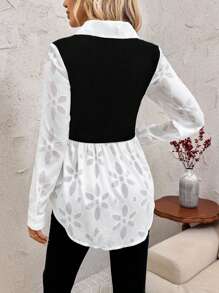 SHEIN Clasi Zwart-wit patchwork cut-out lange mouw aansluitende blouse voor dames lange mouw tops lange mouw shirt - Zwart & wit - Bekijken 2