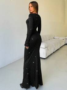 Aloruh Women's Autumn/Winter New Sparkling Sequin Knit Stretch Long Sleeve Ruched Metal Button Decor Bodycon Dress, Black