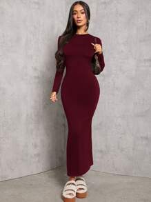SHEIN PETITE Vestido de manga larga de unicolor negro con pliegues en la cintura