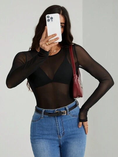 SHEIN Tall See Through Mesh Bodysuit Without Lingerie