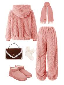 SHEIN Tween Girl 2pcs/Set Warm Double-Sided Textured Fleece Loose Fit Casual Pullover Hoodie And Sweatpants Set - Baby Pink - View 2