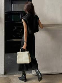 DAZY Women Solid Front Button Sleeveless Pocket Basic Top And PU Skirt 2 Pieces Set, Autumn & Winter - Black - View 5