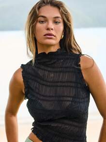 Aralina Women Sheer Mock Neck Sleeveless Textured Ruffle Top - Black - View 1