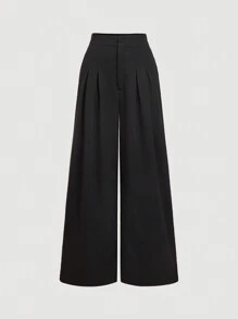 SHEIN MOD Women's High Waist Pleated Cinched Waist Black Wide Leg Pants,Party,Street,Goth,Preppy,Elegant,Party,Office Pants Women,New Years Women Outfits,New Years Eve Attire,Business Casual,Old Money Style,Academia,Work Clothes Women,Valentine Clothes Women